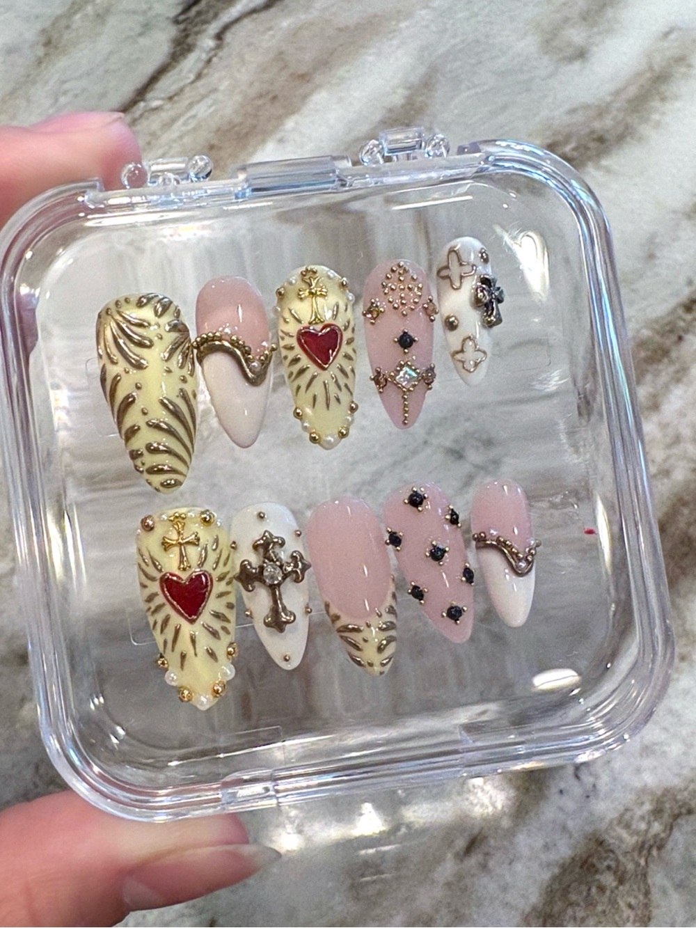 Embellished Red & Cream Press-On Nail Set with Heart and Cross Details